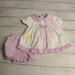 Vintage Little Lindsey Gingham Dress Set Baby Girl's Size 0-6 Months Seersucker